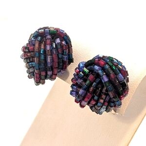 Vintage Multicolor (Blue, Red, Purple) Beaded Button Clip Earrings